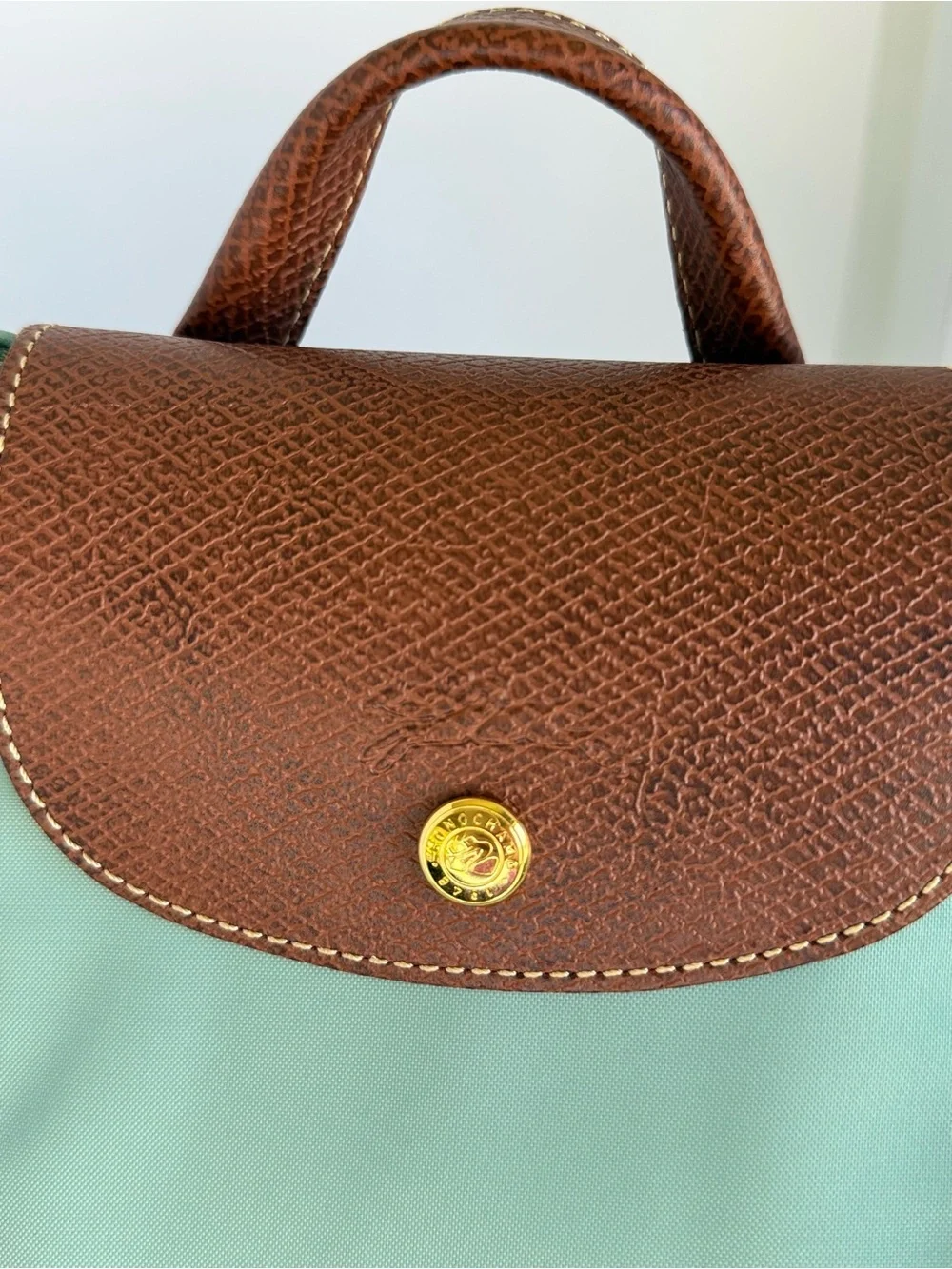 Longchamp Pliage Light Green Nylon Backpack with Brown Trim - Picture 5 of 6